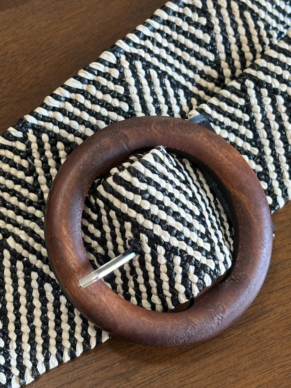 Woven straw belt with wooden buckle, approximately 36